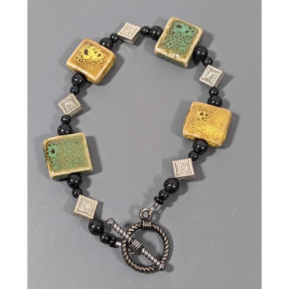 Boho Green‎ Ceramic Artisan Square Beaded Toggle Bracelet 9.5 in